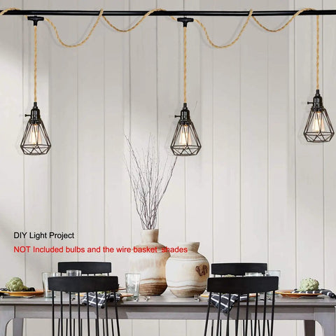 Three Pendant Lights Kit With Plug In Hemp Rope Cord And Switch 22 Feet Long Easy Plug And Play Installation DIY Farmhouse Style Hanging Lighting Fixture For Living Room And Dining Area over dining table.
