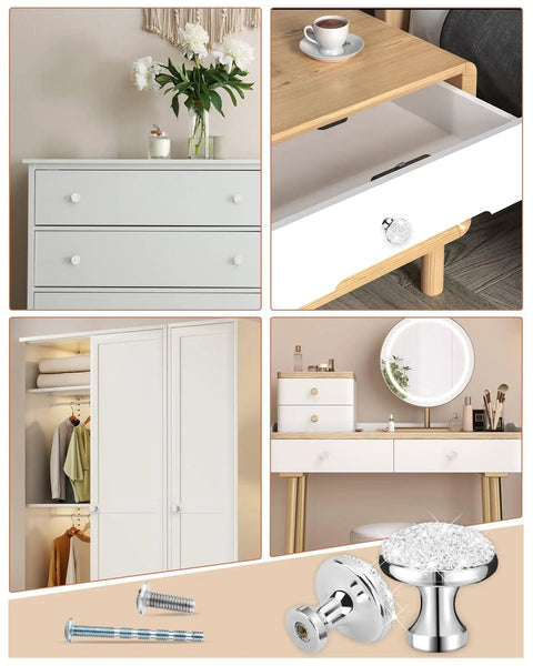 4 Pack Bling Cabinet Knobs Round Crystal 30mm White With Screw ABS Material Sparkling Decoration Drawer Pulls For Kitchen Cupboards Dressers And Cabinets, shown on various furniture pieces.