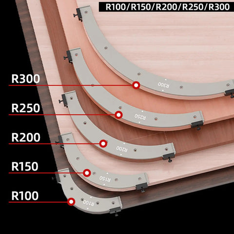 Drop Dead Knockout 5 Piece Round Corner Radius Template Set With R100 To R300 specs showing R100 to R300 radius jigs on wood surfaces.