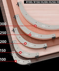 Professional Woodworking Router Corner Radius Templates And Heavy Duty Jigs For Dead On Rounds Smooth As Butter Finishing And Sweet Cabinet Builds Featuring R100 Through R300 Specs with R100 to R300 templates displayed.