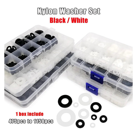 Plastic Flat Washer Assortment Kit M2 To M10 With Nylon Spacers And Gaskets In Black And White Four Thousand Four Hundred Seventy Five Pieces For Quick Fix And Handy DIY Projects in storage cases