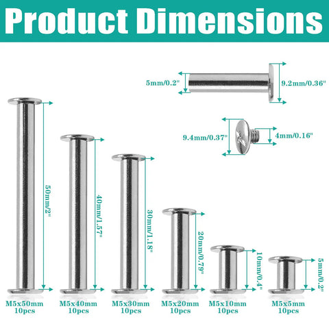 Sixty Piece Assorted Chicago Screw Kit With Phillips Head Nail Rivets In Six M5 Sizes Built Like A Tank No Sweat Binding Hardware Great For Leather Craft Home Fixes Ready To Roll All Weekend product dimension chart showing six M5 sizes.