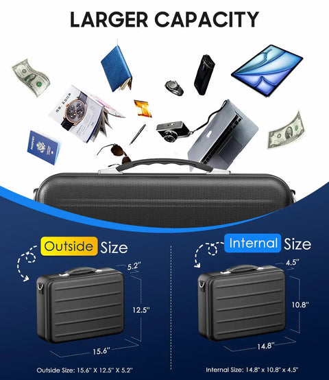 Hard Shell Fireproof Document Box With Lock For Home And Travel, Waterproof Safe File Box displaying size comparison and contents