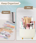 Before and after image showing a cluttered desk and an organized space using a 360 Degree Rotating Desk Pen Organizer With Five Slots Multi Purpose Pencil Cup For Office School And Home Clutter Busting Space Saving Plastic Holder For Pens Pencils Markers And Art Supplies.