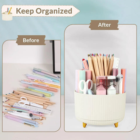 Before and after image showing a cluttered desk and an organized space using a 360 Degree Rotating Desk Pen Organizer With Five Slots Multi Purpose Pencil Cup For Office School And Home Clutter Busting Space Saving Plastic Holder For Pens Pencils Markers And Art Supplies.