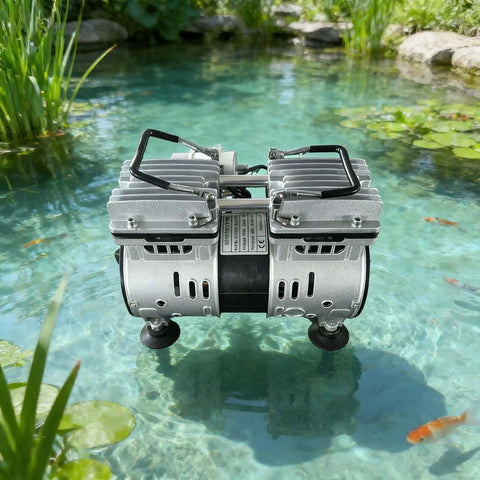 550W Silent Oilless Vacuum Air Pump With Aluminum Alloy Build. Industrial Piston High Flow Compressor Head For Laminating, Dental Tables And Large Pond Aeration. Rust Proof Design Ensures Long Lasting Performance For Heavy Duty Equipment Needs