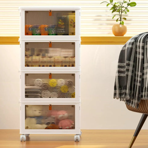 Hella Big 4 Pack Plastic Storage Bins with Tight Lids stacked, showing contents through transparent front, ideal for organizing.