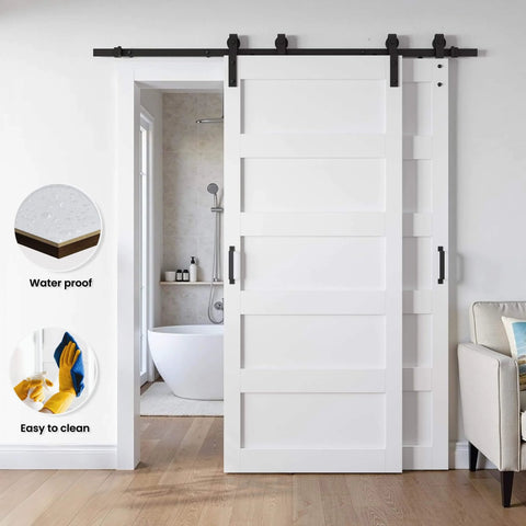 White 42x84 Inch Double Barn Door Set With 5 Panel MDF Sliding Doors And 6 Ft Bypass Hardware Kit installed in small room