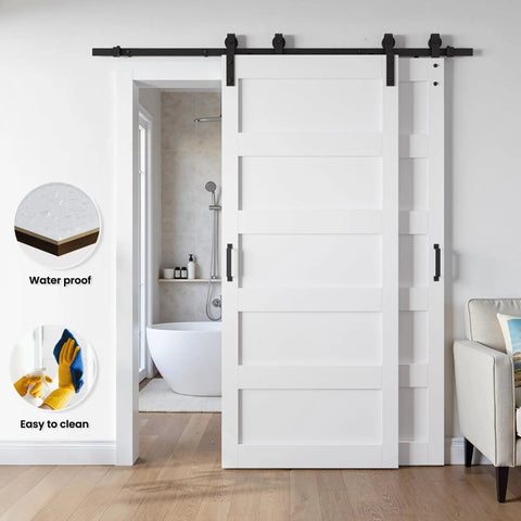 White Double Barn Door Set 36 By 84 Inches, 5-Panel MDF Sliding Doors With 6 Foot Bypass Hardware Kit installed in room.