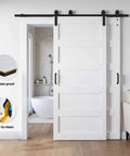 White 40x84 Inch Double Sliding Barn Door Set With 5 Panel MDF Doors, 6 Foot Bypass Hardware Kit, space saving design shown in use