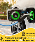 Heavy Duty Nema 14 50P To Nema 6 20R Ev Charging Adapter For Tesla Vehicles With Integrated Surge Protector Breaker connected to an EV.