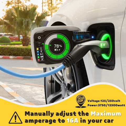 Heavy Duty Nema 14 50P To Nema 6 20R Ev Charging Adapter For Tesla Vehicles With Integrated Surge Protector Breaker connected to an EV.