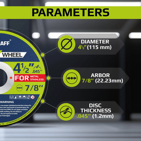 Fast Four Point Five Inch Cut Off Wheel For Metal And Stainless Steel, Thin Zero Point Zero Four Five Inch Disc With Seven Eighths Inch Arbor, 25 Pack, showing size parameters