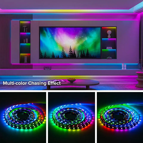 Addressable RGB LED Strip With WS2811 IC In Lit Dream Color 16.4Ft 60LED Per Meter 20 Pixels Per Meter IP65 Black PCB UL Listed