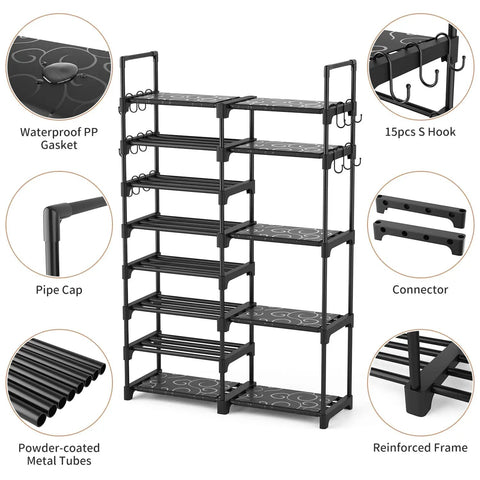 8 Tier Metal Shoe Rack Organizer For Closet, Entryway Or Garage - Tall 57 Inch, Holds 26-32 Pairs, Stackable Stand with Hooks