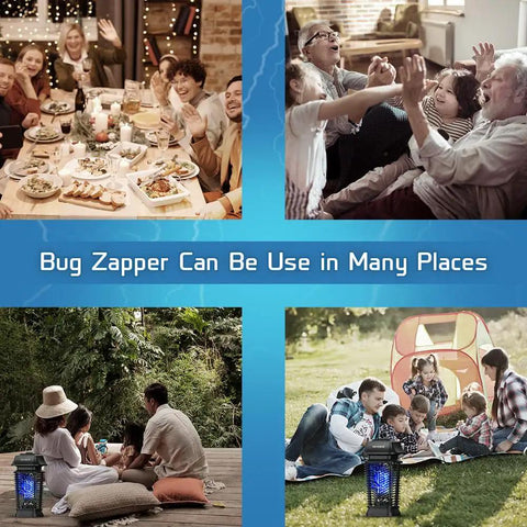 Electric Bug Zapper With Blue Violet Light For Indoor Outdoor Mosquito Control All Weather IPX4 Waterproof Durable ABS Shell Ideal For Home Kitchen Patio And Backyard shown in various settings including dining and outdoor activities.