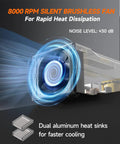 8000 RPM silent brushless fan with dual aluminum heat sinks for rapid heat dissipation and faster cooling.