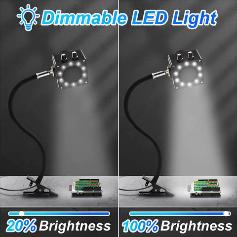 Pro Grade Solder Fume Extractor with dimmable LED light showing 20% and 100% brightness on silicone gooseneck and clamp.