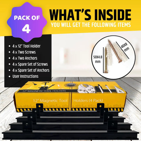 12 Inch Heavy Duty Magnetic Tool Holders 4 Pack 48 Inches Total Length Upgraded Strong Magnets That Never Lose Grip Built Tough Holds Heavy Tools Perfect For Workshop Garage Tool Bars And Strips Organizer packaging with contents shown: 4 tool holders, screws, anchors, user instructions.
