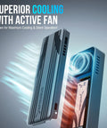 Blazing Fast USB4 To Portable External NVMe SSD Enclosure featuring active cooling fan and aluminum case for efficient heat management.