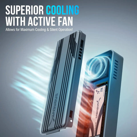 Blazing Fast USB4 To Portable External NVMe SSD Enclosure featuring active cooling fan and aluminum case for efficient heat management.