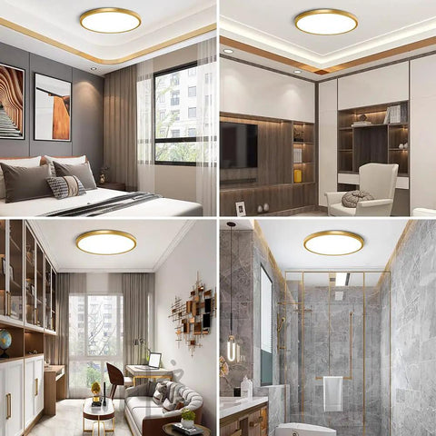 Two Pack 12 Inch Gold Flush Mount Led Ceiling Lights, Ultra Thin Round Flat Fixture, in modern bedroom, office, and bathroom setups