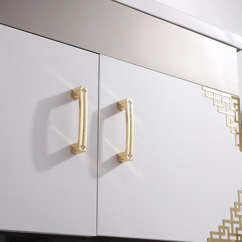 Gold Crystal Cabinet Pulls Set 10 Pack With Czech Crystal And Zinc Alloy Construction, 3.8 Inch center-to-center holes on white cabinet