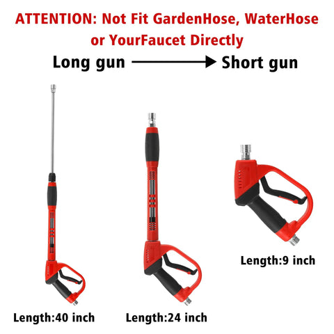 Illustration of Deluxe Pressure Washer Gun Kit with 40 inch wand and M22 fittings, showing long and short gun lengths.