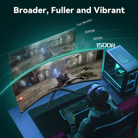 Gamer using 34-Inch Ultrawide Curved Gaming Monitor UWQHD 3440x1440 165 Hz Refresh 1ms MPRT 1500R Curve HDR with setup