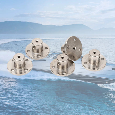 Five silver steel flange coupling connectors with four-hole flanges for 2mm RC motor shafts.
