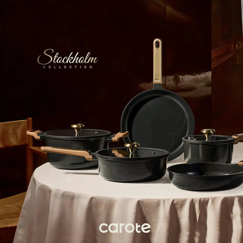 Nonstick Ceramic Cookware Set 16-Piece for Home and Camping on table, includes fry pans, saucepans, stock pot, charcoal black.