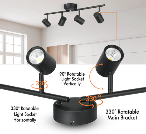 Six-Head Dimmable LED Track Lighting Kit, 40W, showcasing rotatable light sockets and bracket in a modern interior setting.