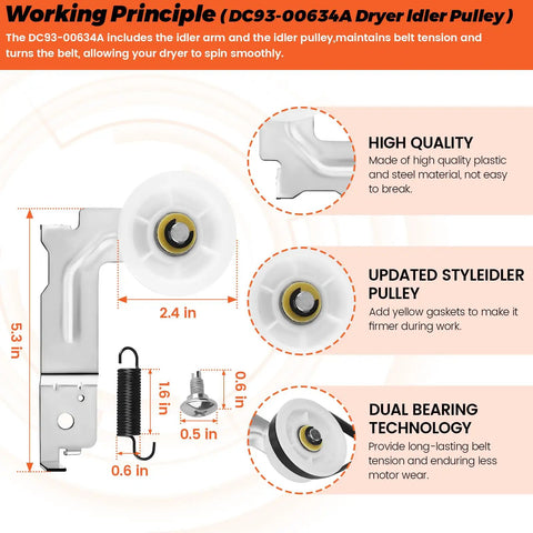 Diagram of Upgraded Dryer Repair Kit With Drum Rollers Idler Pulley Belt And Self Lubricating Tension Spring for model DC93-00634A