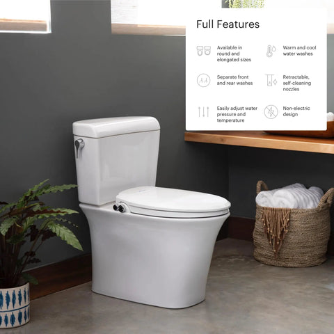 Ecoseat Non Electric Bidet Toilet Seat For Elongated Toilets White With Dual Temperature Water And Dual Nozzle System Easy Installation