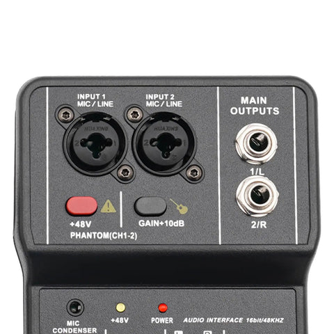 Close-up of mic/line inputs on Two Channel DJ Mixer For Laptop Tablet And Phone With 16Bit 48KHz Audio Resolution Portable Pro Mixing Console