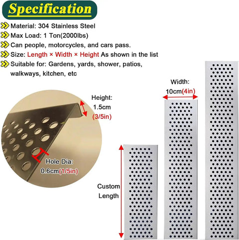 Zero Hassle Rock Solid Heavy Duty Stainless Steel Drain Covers For Shower Deck, 1.5cm height, custom length, suitable for outdoor use.