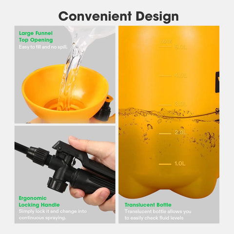 1.35 Gallon Pump Pressure Sprayer With Adjustable Shoulder Strap And Nozzle Safe Valve Rugged HDPE Build, funnel top opening