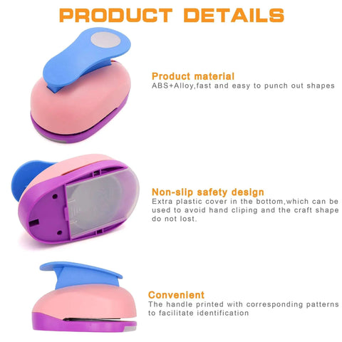 Product details of heavy duty 3 inch circle punch with spring action lever, showing ABS and alloy material and non-slip design