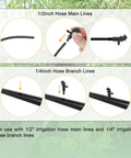 Installation steps of 200 Pack Flag Dripper Emitters For Garden Irrigation on 1/2 inch and 1/4 inch hose lines with connectors.