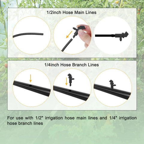 Installation steps of 200 Pack Flag Dripper Emitters For Garden Irrigation on 1/2 inch and 1/4 inch hose lines with connectors.