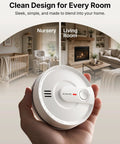 Wireless Interconnected Smoke Detectors 10 Year Battery 6 Pack in hand showing sleek design for home use.