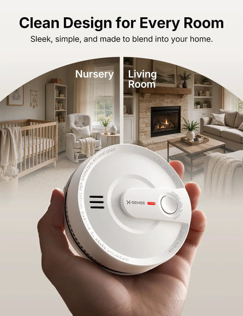 Wireless Interconnected Smoke Detectors 10 Year Battery 6 Pack in hand showing sleek design for home use.