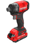 Red and black brushless cordless impact driver with one quarter inch chuck battery and charger included delivers up to 1500 in lbs torque