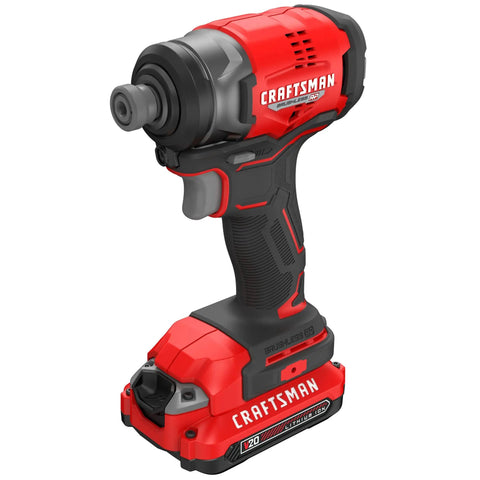 Red and black brushless cordless impact driver with one quarter inch chuck battery and charger included delivers up to 1500 in lbs torque