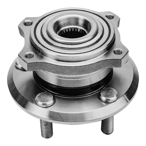 AWD Front Wheel Hub And Bearing Assembly Kit For 300 Dodge Charger Challenger Magnum 2 Piece Set Front Position 5 Bolt Non ABS Hub Replacement With 10 Year Warranty, shown front view with metal finish and bolt holes