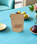 Kraft Paper Stand Up Pouches With Clear Window Pack Of 50 Reusable Sealable Bags for food packaging on a kitchen table with fruit