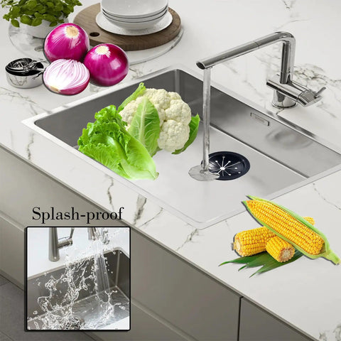 4 Pack Garbage Disposal Splash Guard Rubber Inserts 3.1 Inch Kitchen Sink Drain Guard in stainless steel sink.