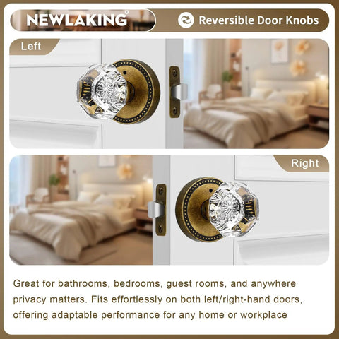 Glass Door Knobs With Privacy Lock For Bedroom And Bathroom Antique Brass Bronze Crystal Octagon Style With External Emergency Release Retro Interior Door Hardware 1 Pack