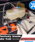 All in One Master Cylinder Brake Bleeder Kit with 22 Inch Hoses, Red and Blue Fittings, setup on car brake system