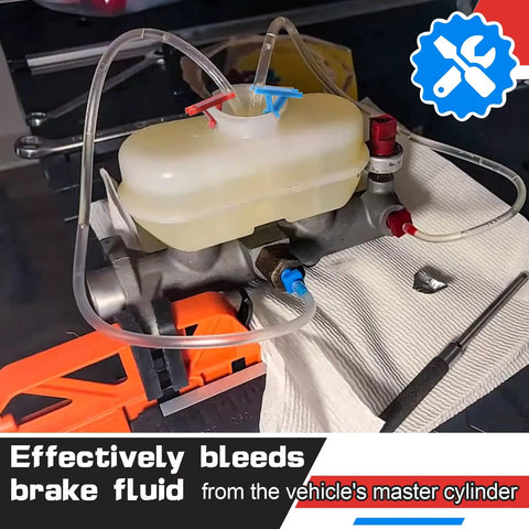 All in One Master Cylinder Brake Bleeder Kit with 22 Inch Hoses, Red and Blue Fittings, setup on car brake system